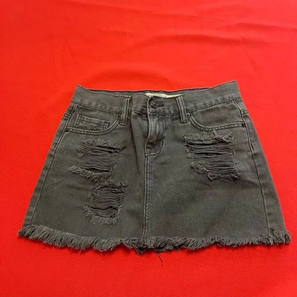 Brandy Melville Black Destroyed Distressed Denim Skirt Size 24